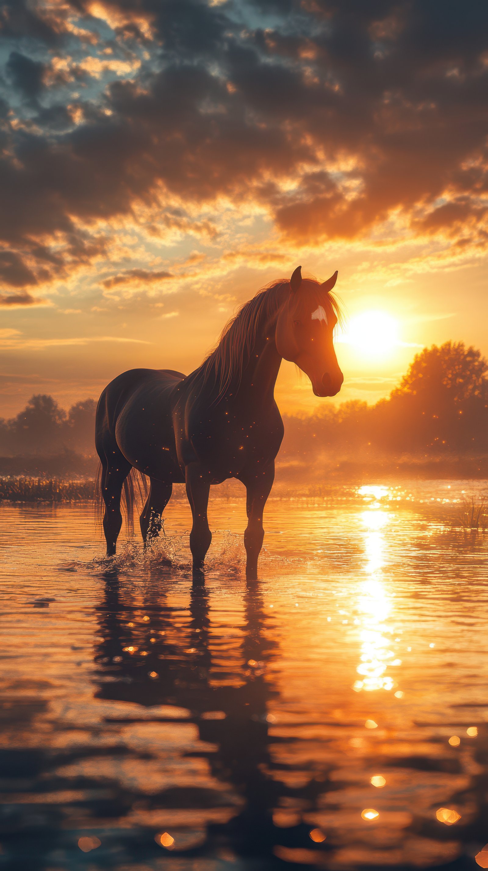 Majestic horse stands in water at sunset with vibrant colors reflecting on the surface